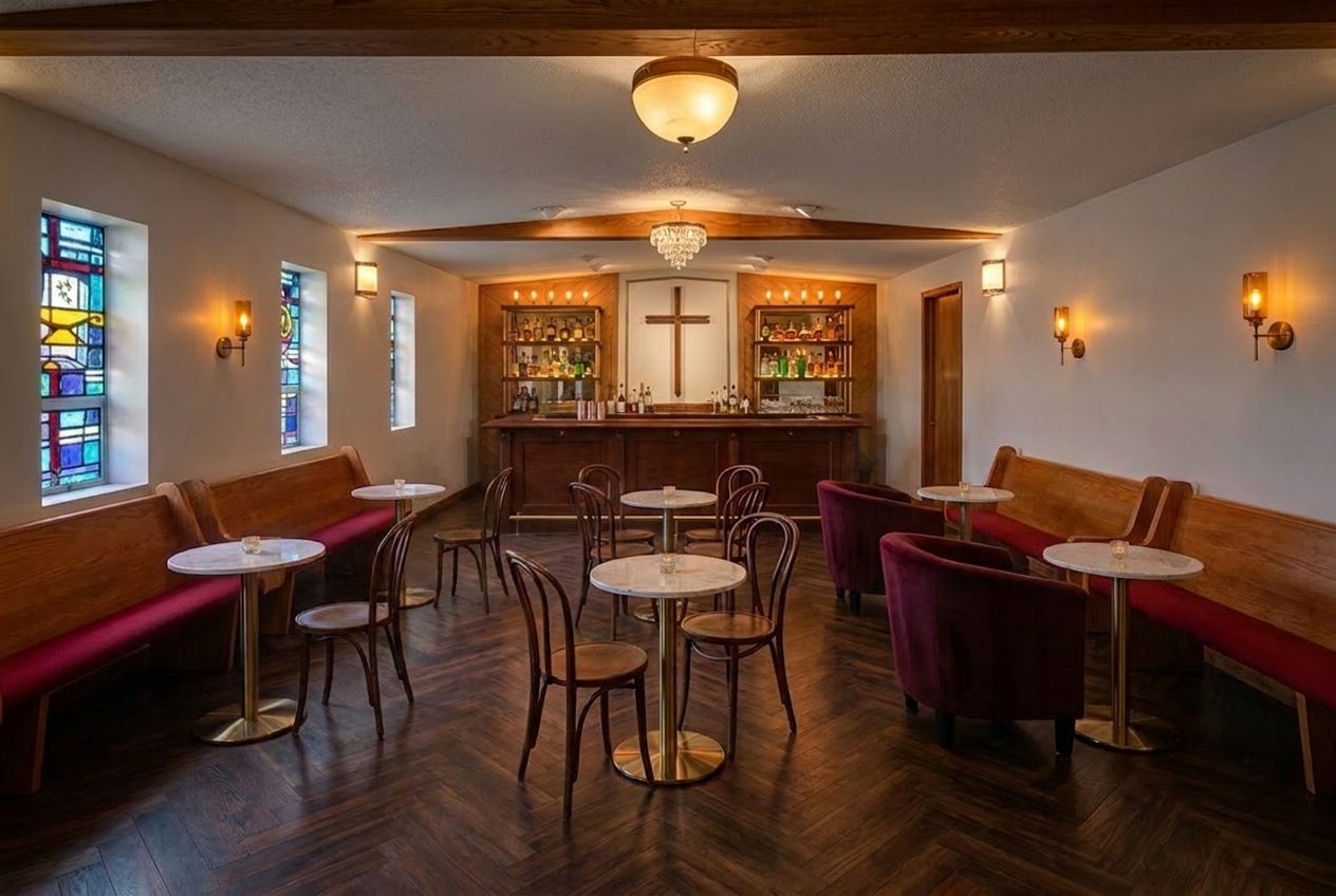 The members' lounge — restored pews and marble café tables before a bar set beneath stained glass